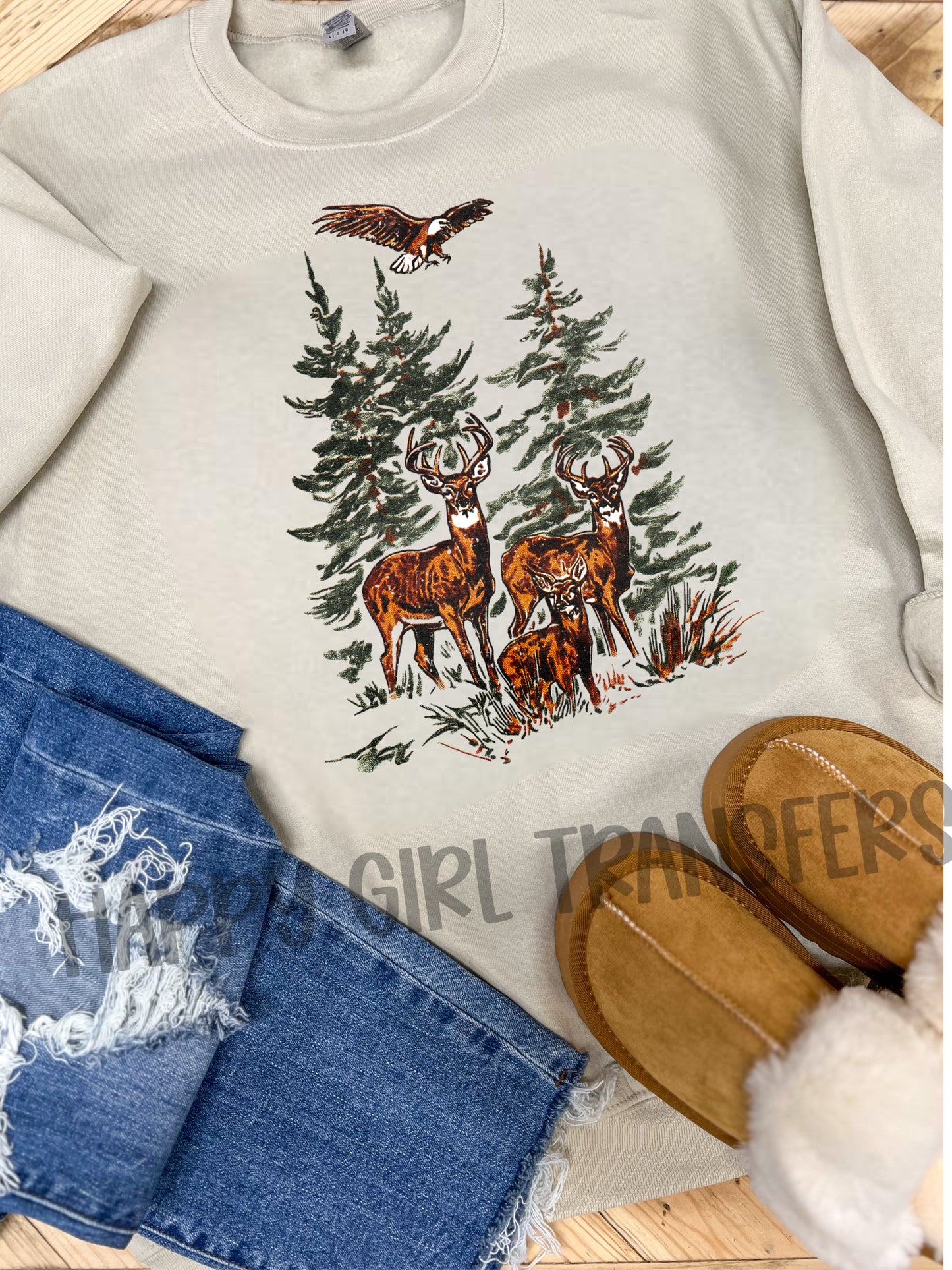 VINTAGE DEER WITH EAGLE - DTF TRANSFER