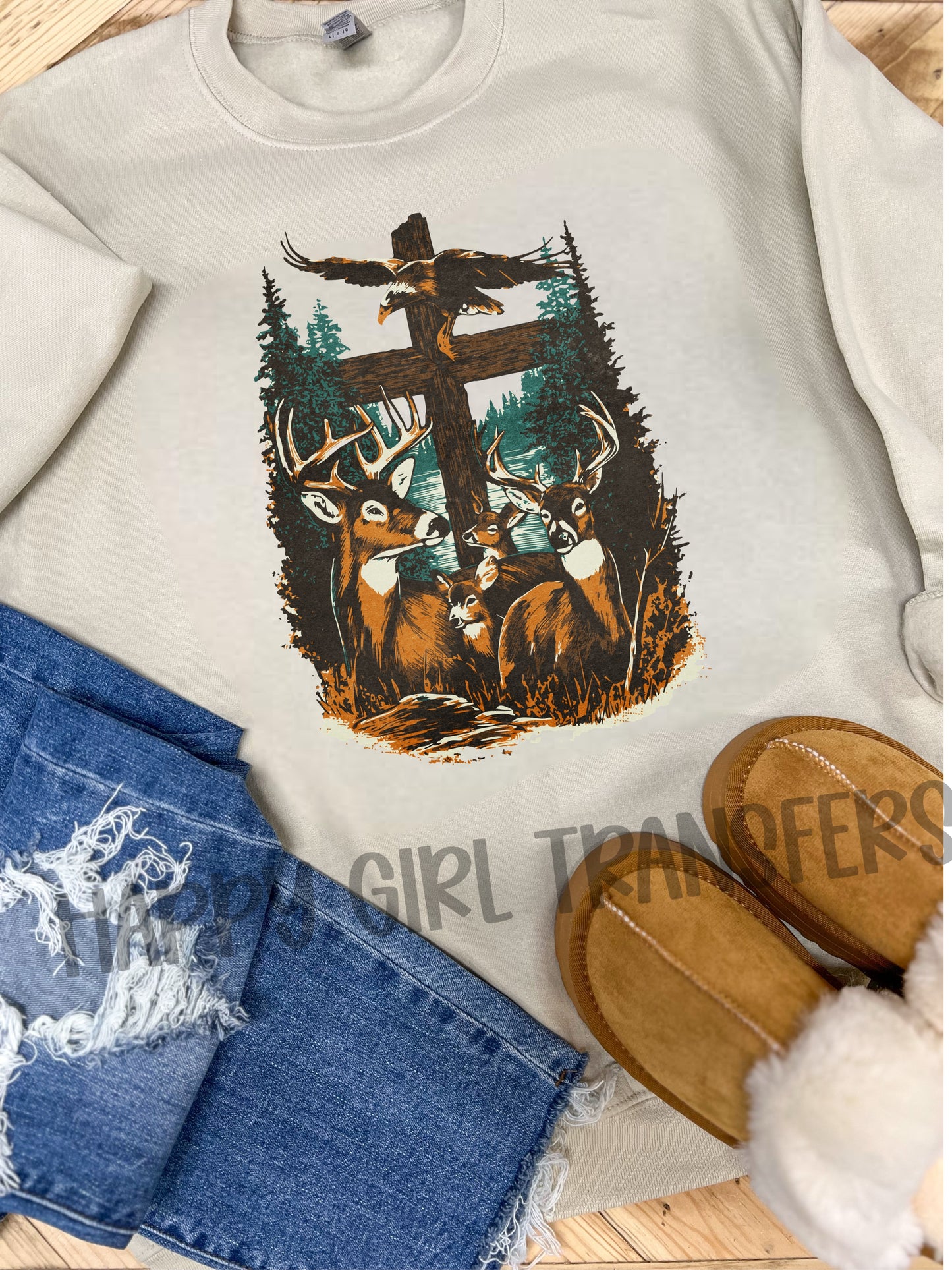 VINTAGE DEER WITH CROSS - DTF TRANSFER