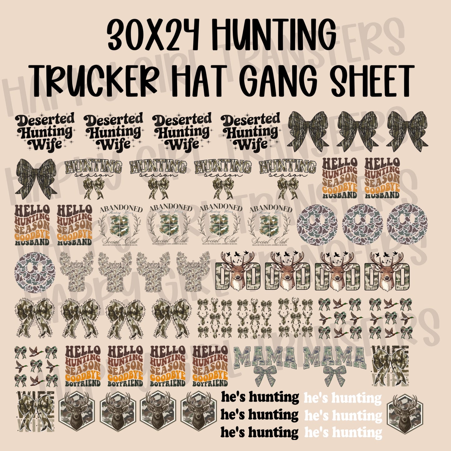 30x24 HUNTING PRE-MADE TRUCKER HAT GANG SHEET