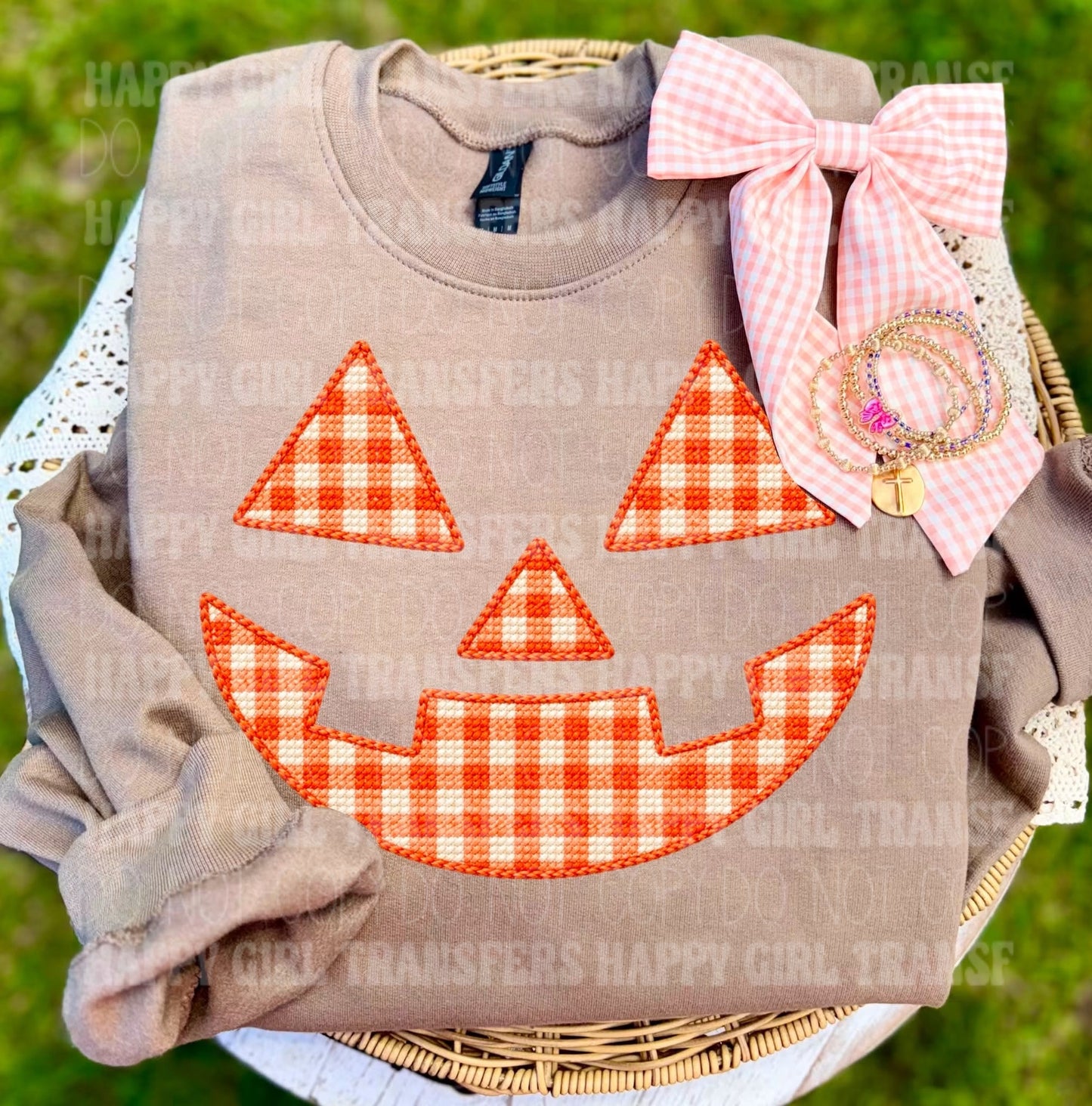 GINGHAM FAUX STITCH JACK O LANTERN - DTF TRANSFER