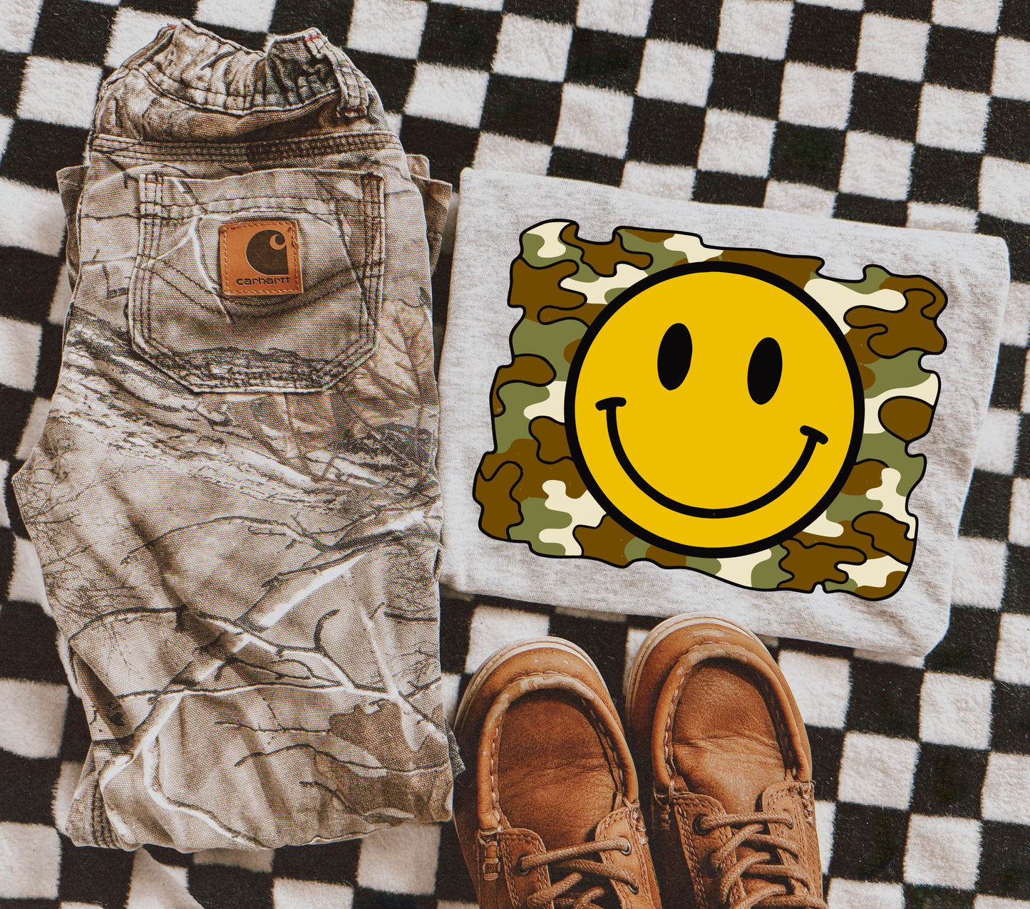CAMO WITH YELLOW SMILEY - DTF TRANSFER