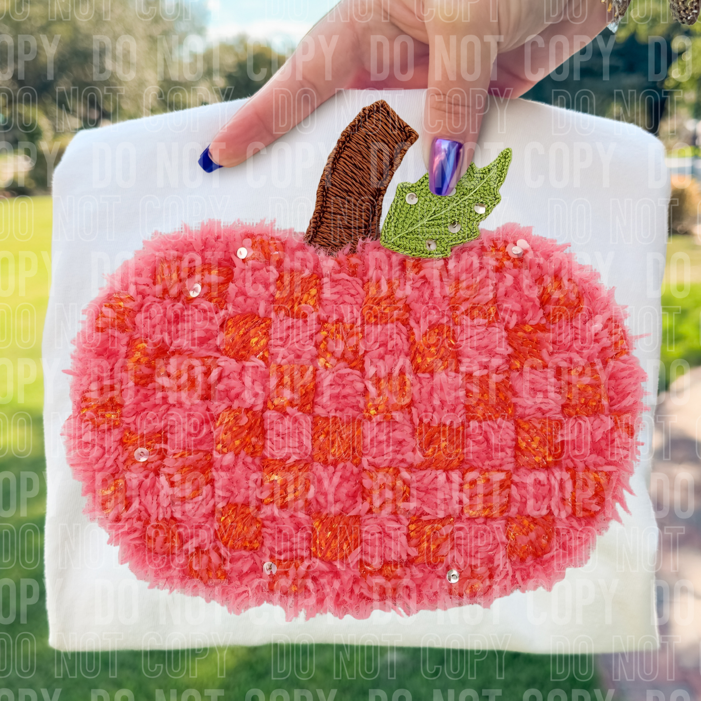 FAUX YARN PINK & ORANGE CHECK PUMPKIN - DTF TRANSFER