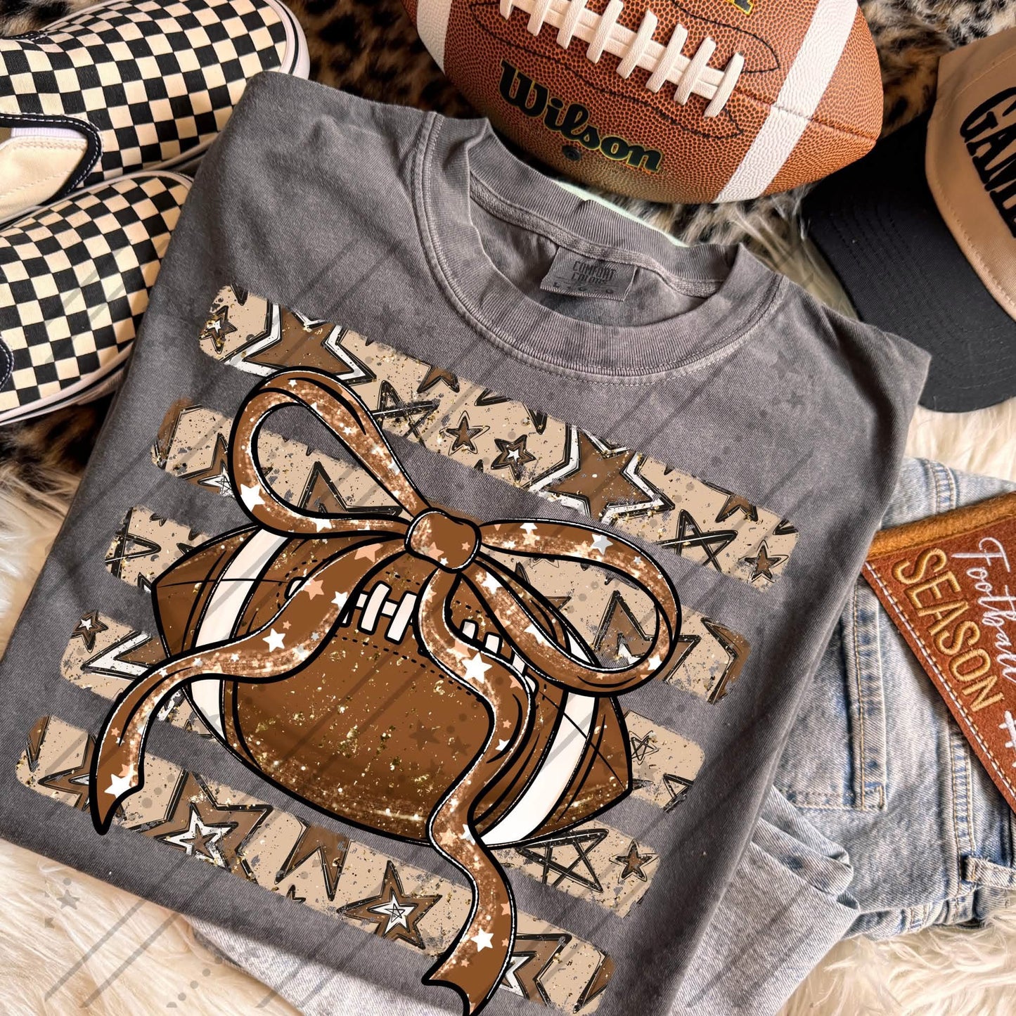 FOOTBALL WITH BOW & STAR STRIPES - DTF TRANSFER