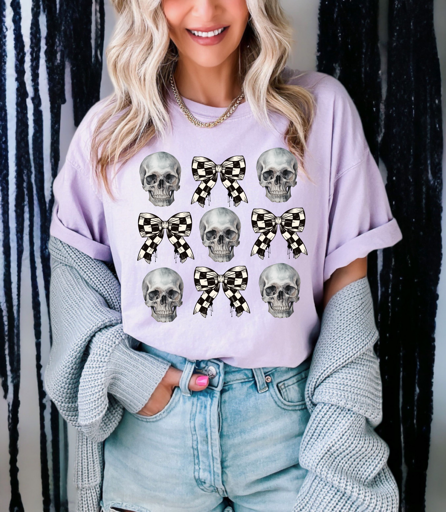 SKULLS AND CHECKERED BOWS COQUETTE - DTF TRANSFER