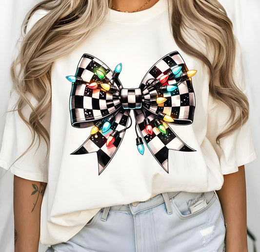 CHECKERED CHRISTMAS LIGHT BOW - DTF TRANSFER