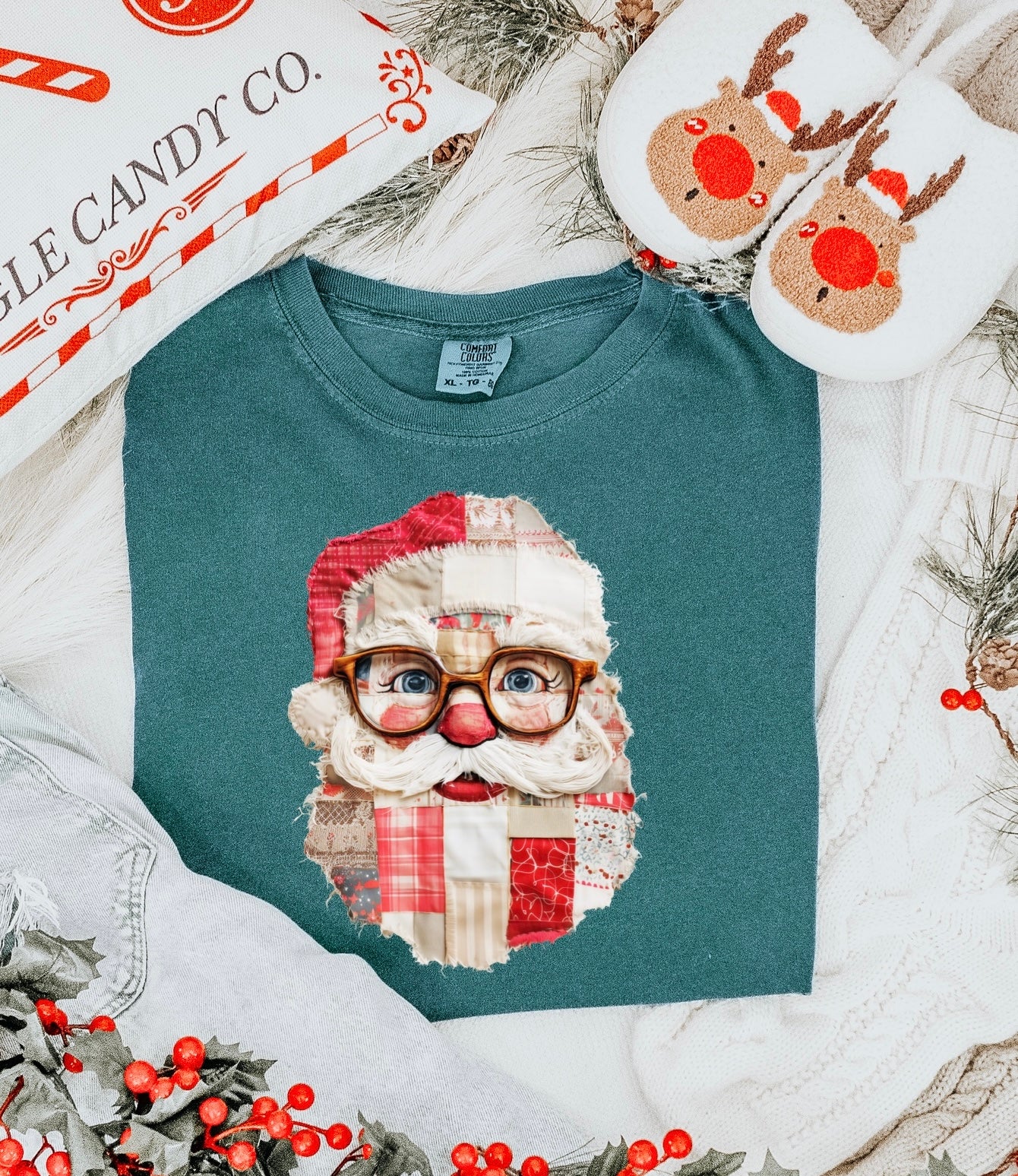 PATCHWORK SANTA WITH GLASSES - DTF TRANSFER