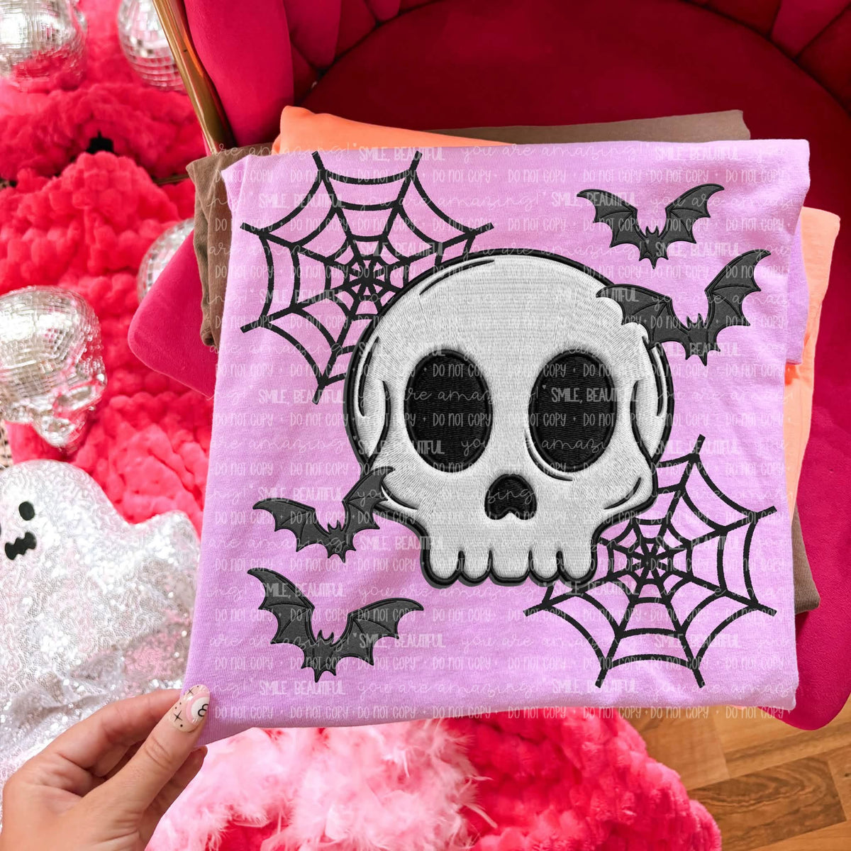 SKULL HEAD WITH BATS & SPIDER WEBS - DTF TRANSFER