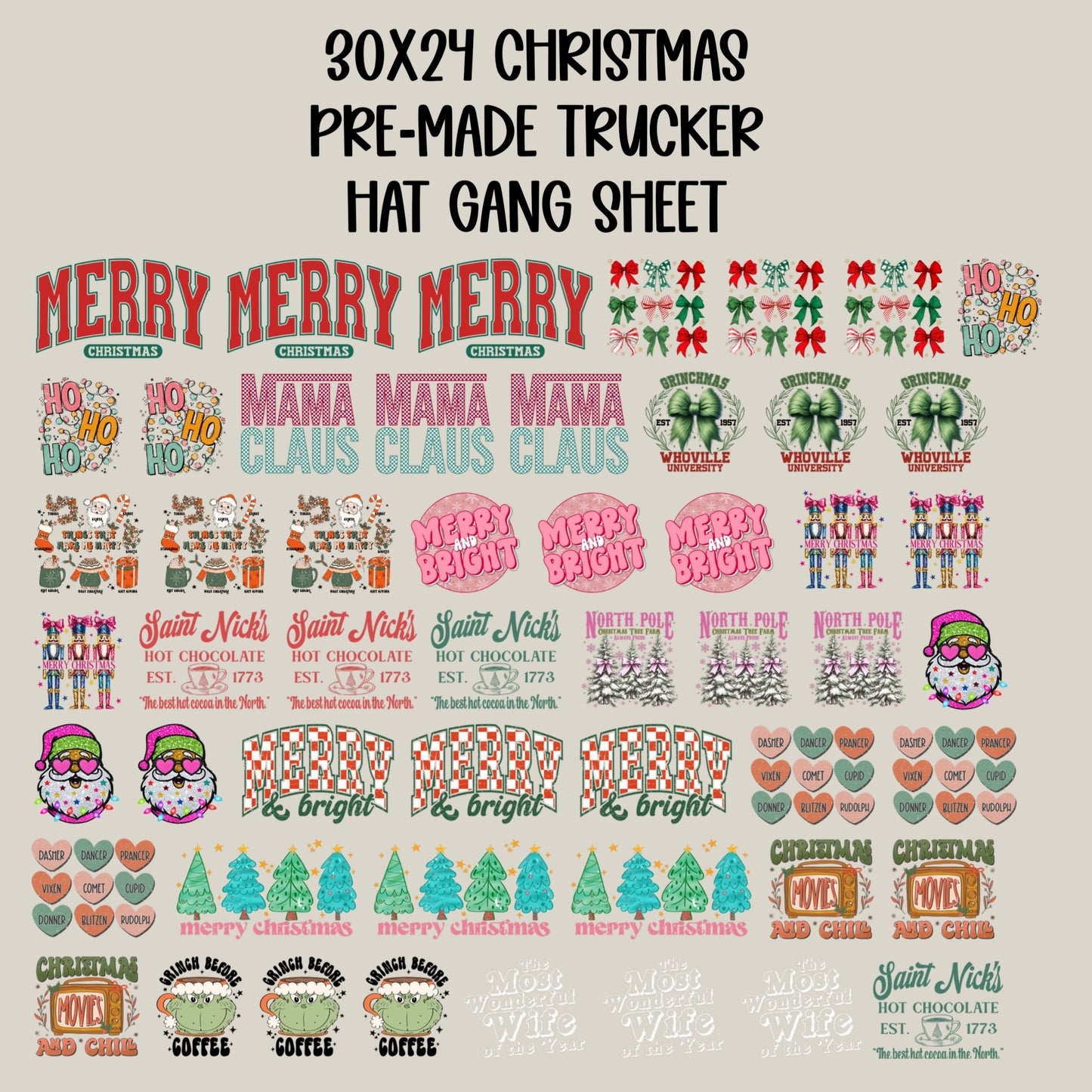 30x24 CHRISTMAS PRE-MADE TRUCKER HAT GANG SHEET