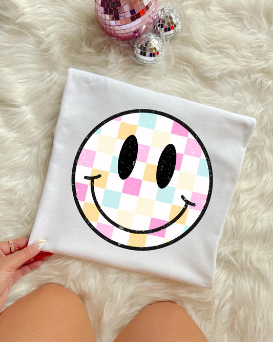 COLORFUL PASTEL CHECKERED SMILEY- DTF TRANSFER
