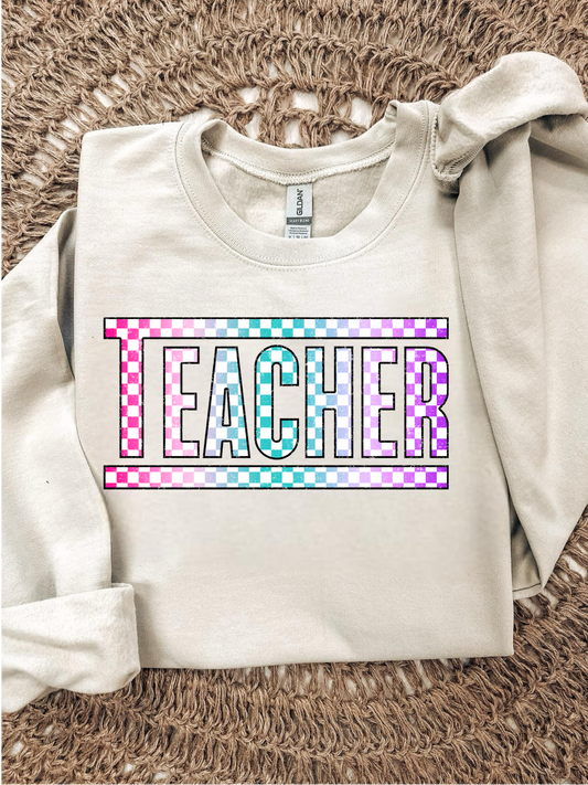 COLORFUL CHECKERED TEACHER - DTF TRANSFER