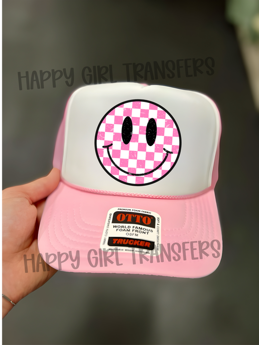 PINK AND WHITE CHECKERED SMILEY- DTF TRANSFER