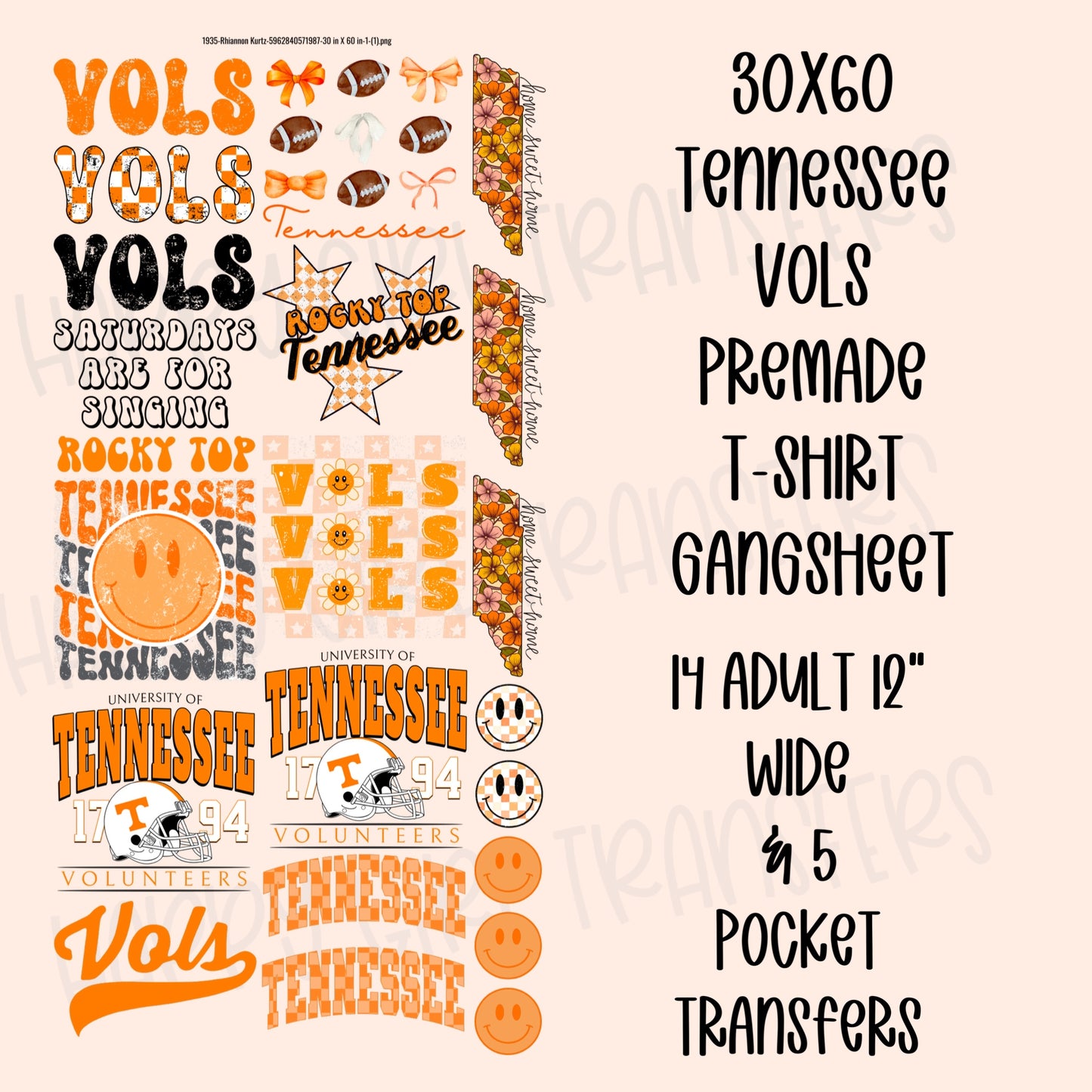 30x60 TENNESSEE VOLS PRE-MADE GANG SHEET